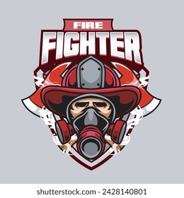 Vector Illustration Fire Fighter Head wearing Mask with FIRE FIGHTER text Esport Logo