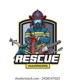 Vector Illustration Fire Fighter Wearing Mask and Glasses with Fire Fighter Carrying a Fire Hose and RESCUE WARRIORS text Esport Logo
