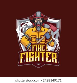 Vector Illustration Fire Fighter Wearing Mask Carrying Axe with FIRE FIGHTER text Esport Logo