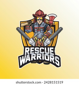 Vector Illustration Fire Fighter Wearing Glasses Carrying Axe with Two Chainsaw and RESCUE WARRIORS text Esport Logo