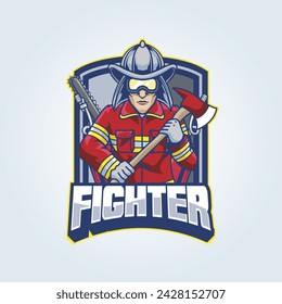 Vector Illustration Fire Fighter Wearing Glasses Carrying Axe with FIGHTER text Esport Logo