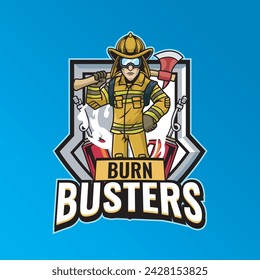 Vector Illustration Fire Fighter Wearing Glasses Carrying Axe with BURN BUSTERS text Esport Logo