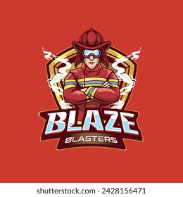Vector Illustration Fire Fighter Wearing Glasses with BLAZE BLASTERS text Esport Logo