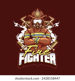 Vector Illustration Fire Fighter Wearing Mask and Glasses with Fire FIGHTER text Esport Logo