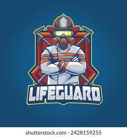 Vector Illustration Fire Fighter Wearing Mask and Glasses with LIFEGUARD text Esport Logo