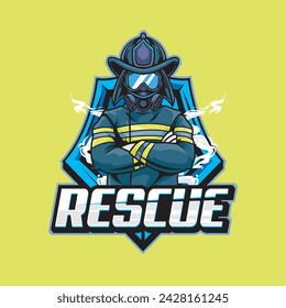 Ilustración vectorial de bombero con máscara y gafas con texto RESCUE Esport Logo