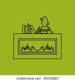 Vector illustration of fire in fireplace,  outline flat style.