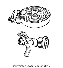 Vector illustration fire hose and nozzle hand drawn sketch Fireman equipment line art,side view, isolated on white background, For kids coloring book or science illustration.