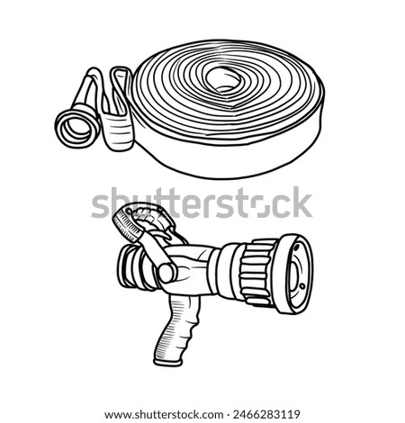 Vector illustration fire hose and nozzle hand drawn sketch Fireman equipment line art,side view, isolated on white background, For kids coloring book or science illustration.