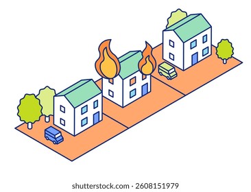 Vector illustration of a fire with a house burning. Fire in a dense residential area.