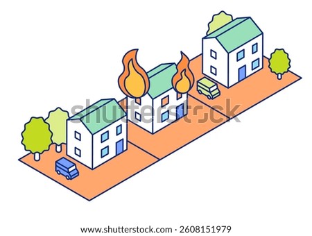 Vector illustration of a fire with a house burning. Fire in a dense residential area.