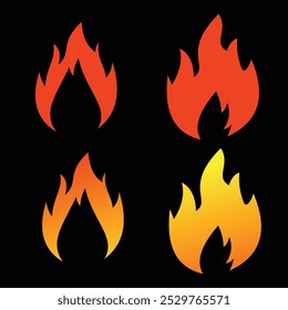 Ilustración vectorial del icono del fuego, icono del fuego fijado con el fondo negro. diseño plano simple del icono del fuego