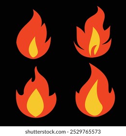Ilustración vectorial del icono del fuego, icono del fuego fijado con el fondo negro. diseño plano simple del icono del fuego
