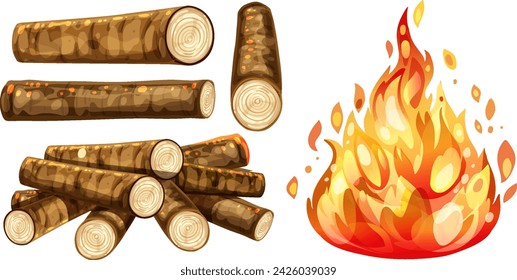 Vector illustration of fire and logs isolated.