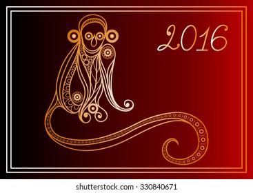 Vector illustration of fire monkey, symbol of 2016. Silhouette of ape, decorated with floral pattern. Vector element for New Year's design.