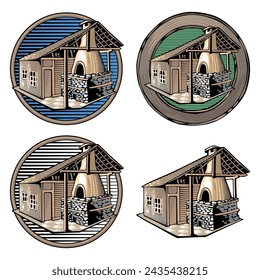 Vector illustration of a fire oven, done in retro woodcut style, with several frames and backgrounds.