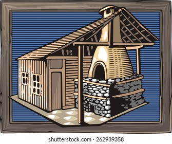 Vector illustration of a fire oven, done in retro woodcut style.