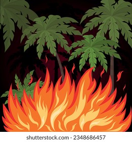 Ilustración vectorial del fuego. Las palmeras se están quemando. Árboles de coco en llamas. Árboles en llamas.