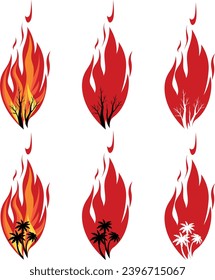 Vector illustration of fire. Palms and trees on fire. Forest fire logo.