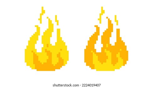 Vector illustration of fire in pixel art style. Vector set icons of pixilated flame on isolated background.