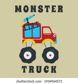 Vector illustration of fire rescue monster truck with cartoon style. Can be used for t-shirt print, fashion design, invitation card. fabric, textile, nursery wallpaper, poster and other decoration.
