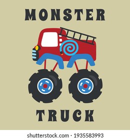 Vector illustration of fire rescue monster truck with cartoon style. Can be used for t-shirt print, fashion design, invitation card. fabric, textile, nursery wallpaper, poster and other decoration.