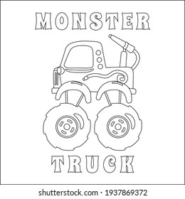 Vector illustration of fire rescue monster truck with cartoon style. Cartoon isolated vector illustration, Creative vector Childish design for kids activity colouring book or page.