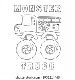 Ilustración vectorial del camión monstruo de rescate contra incendios con estilo de caricatura. Ilustración vectorial aislada de dibujos animados, Diseño infantil vector creativo para la actividad infantil libro o página de coloración.