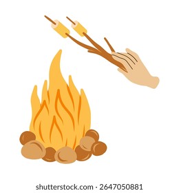 Ilustração vetorial de fogo e marshmallows assados. Ideal para recreação ao ar livre, viagens e aventuras em estilo retro doodle. Design plano em fundo branco.