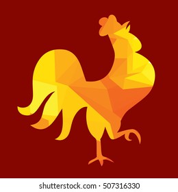 Vector illustration of fire rooster, symbol of 2017 on the Chinese calendar. Silhouette of cock, decorated with triangle patterns. Vector element for New Year's design. Low poly design.