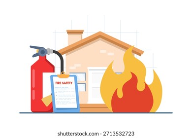 Vektorgrafik der Brandschutzausrüstung für zu Hause, die den Schutz vor Brandgefahren, die Notfallvorsorge und die Maßnahmen zur Sicherheit im Haushalt symbolisiert.