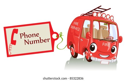 Vector illustration, fire service cute car, card concept, white background.