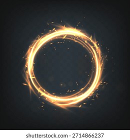 Ilustração vetorial. Círculo de halo de faísca de fogo com flashes em plano de fundo escuro.
