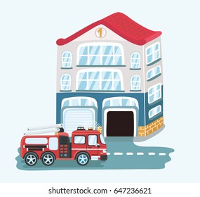 Vector illustration of fire station building. Facade and fire truck on the road. Isolated object on white background