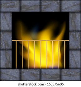 Vector illustration of fire in the  stone fireplace