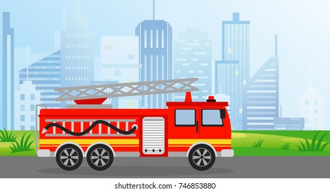 Vector illustration fire truck in flat style on modern city view background.