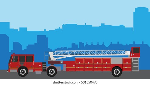 Vector illustration fire truck on city background. Firefighters emergency vehicles. Emergency vehicles fire engine trucks. Fire suppression and mine victim assistance