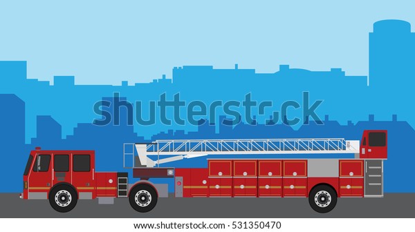 Vector illustration fire truck\
on city background. Firefighters emergency vehicles. Emergency\
vehicles fire engine trucks. Fire suppression and mine victim\
assistance