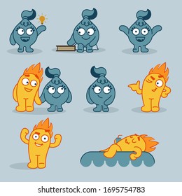 Vector illustration of fire and water characters with different emotions. Boy and girl get acquainted, walk, relax. Mascot for a company, school, university.