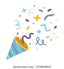 Ilustração vetorial de um foguete explorando com confetes coloridos. Design plano sem contornos, elemento de celebração brilhante para feriados, festivais, festas, eventos, fogos de artifício e conceitos de decoração festiva.