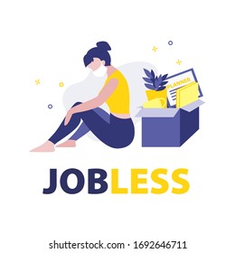 Vector Illustration Of Fired Woman In Mask With Box With Her Work Stuff Such As Plant, Planner, Cup And Documents. Jobless Problem, Lose Job Cause Coronavirus. Uneployment Person On Quarantine.