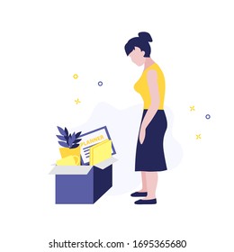 Vector illustration of fired woman in stress with box of works stuff. Jobless problem, loose job cause coronavirus. Uneployment person on quarantine