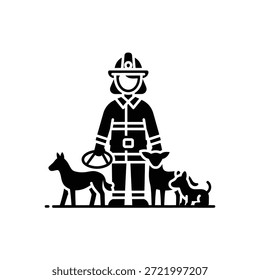 Vector illustration of a firefighter accompanied by rescue dogs, symbolizing teamwork and emergency response.