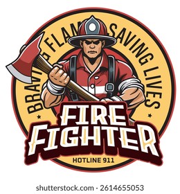 Vector Illustration of Firefighter Carrying Axe with Vintage Retro Illustration Available for Logo Badge