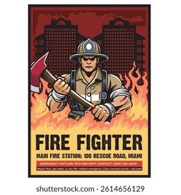 Vector Illustration of Firefighter Carrying Axe with Vintage Retro Illustration Available for Poster