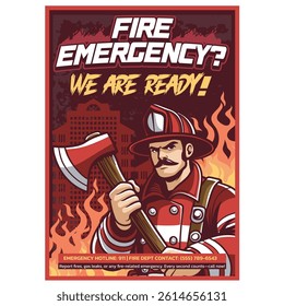 Vector Illustration of Firefighter Carrying Axe with Vintage Retro Illustration Available for Poster