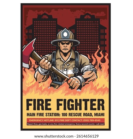 Vector Illustration of Firefighter Carrying Axe with Vintage Retro Illustration Available for Poster