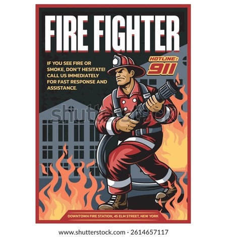 Vector Illustration of Firefighter Carrying Fire Hoses with Vintage Retro Illustration Available for Poster