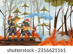 Vector illustration of firefighter extinguish forest. Cartoon image of fireman with hose extinguishing flame in woods. Tree wildfire emergency. Burning and fire fighting, natural disaster, danger