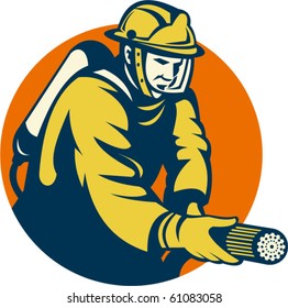 vector illustration of a Firefighter or fireman aiming a fire hose set inside a circle done in retro style